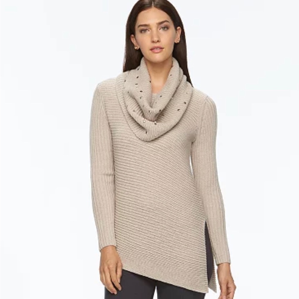 APT 9 Beige Bling Rinestone Sweater Removable Scarf Cowneck Collar Top M